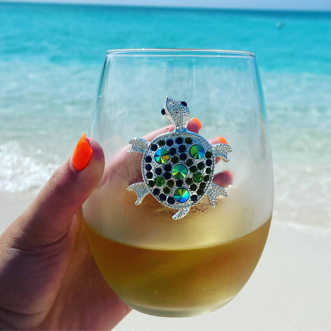 Sea Turtle Jeweled Stemless Wine Glass