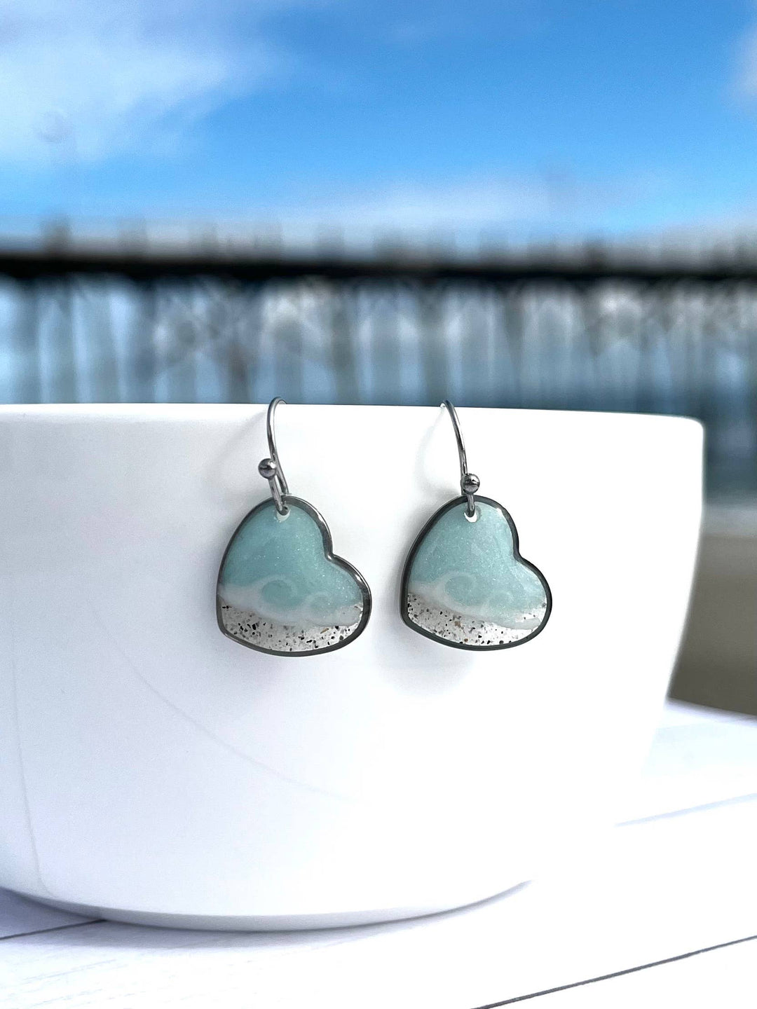 Florida Beach Sand Heart Wave Dangle Earrings