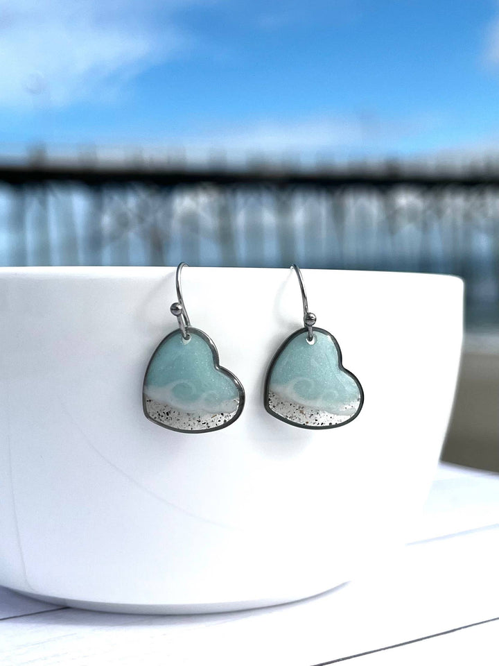 Florida Beach Sand Heart Wave Dangle Earrings