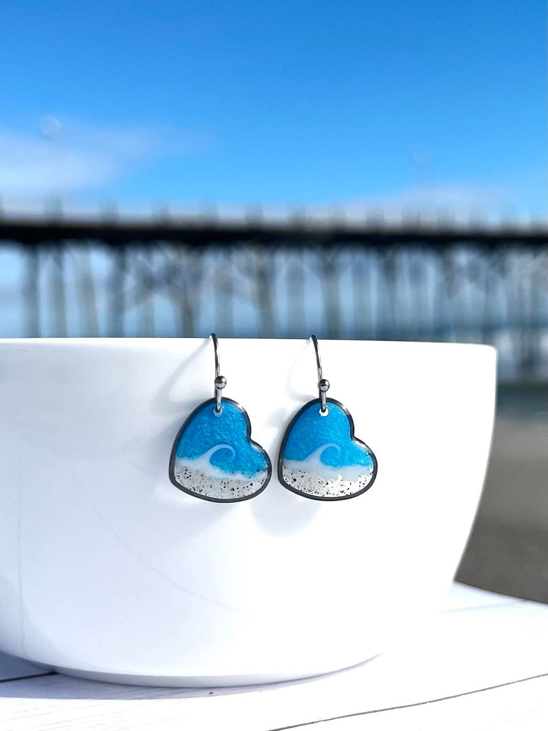 Florida Beach Sand Heart Wave Dangle Earrings