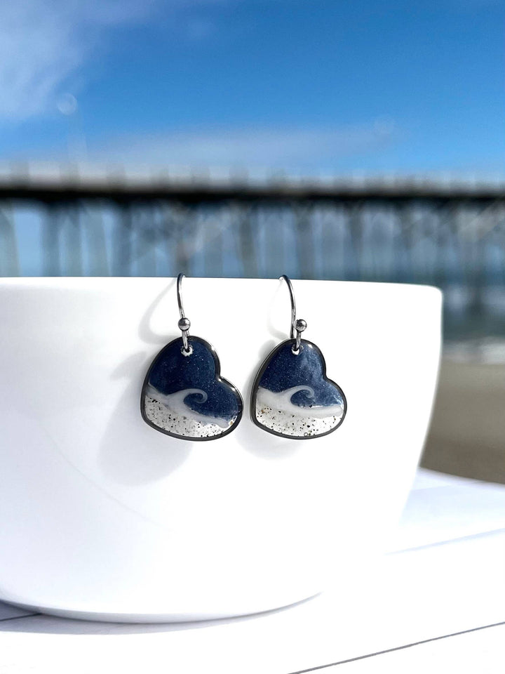 Florida Beach Sand Heart Wave Dangle Earrings
