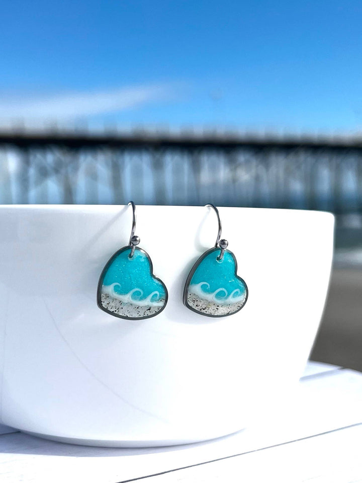 Florida Beach Sand Heart Wave Dangle Earrings