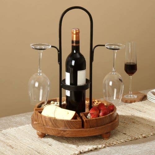 Rustic Wood/Metal Wine Bottle & Glass Server