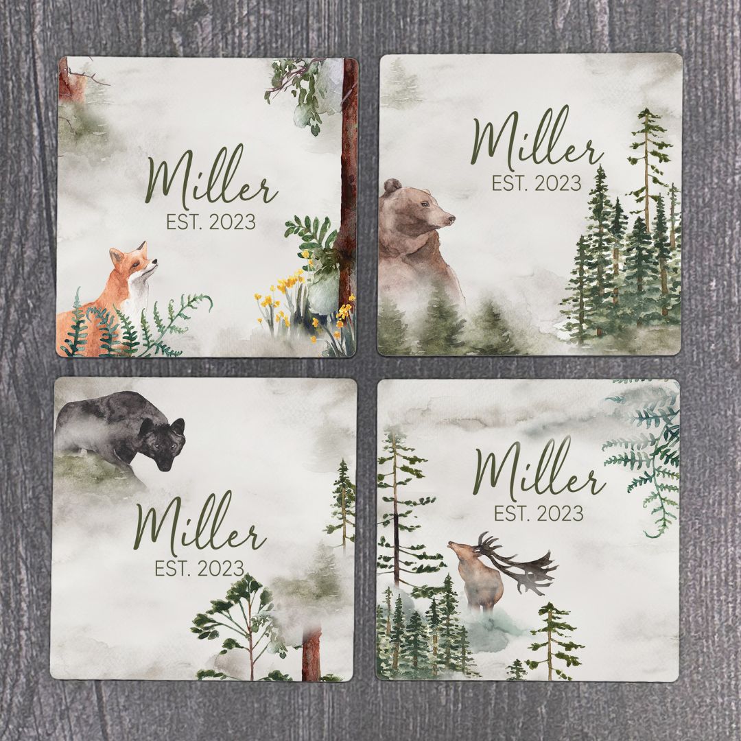 Forest Fog With Animals Custom Name Coasters