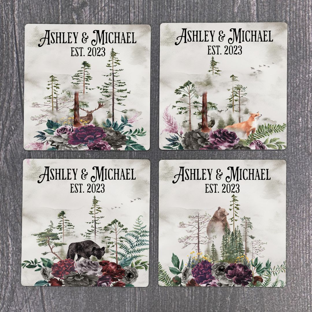 Forest Foggy Animals Custom Name Coasters