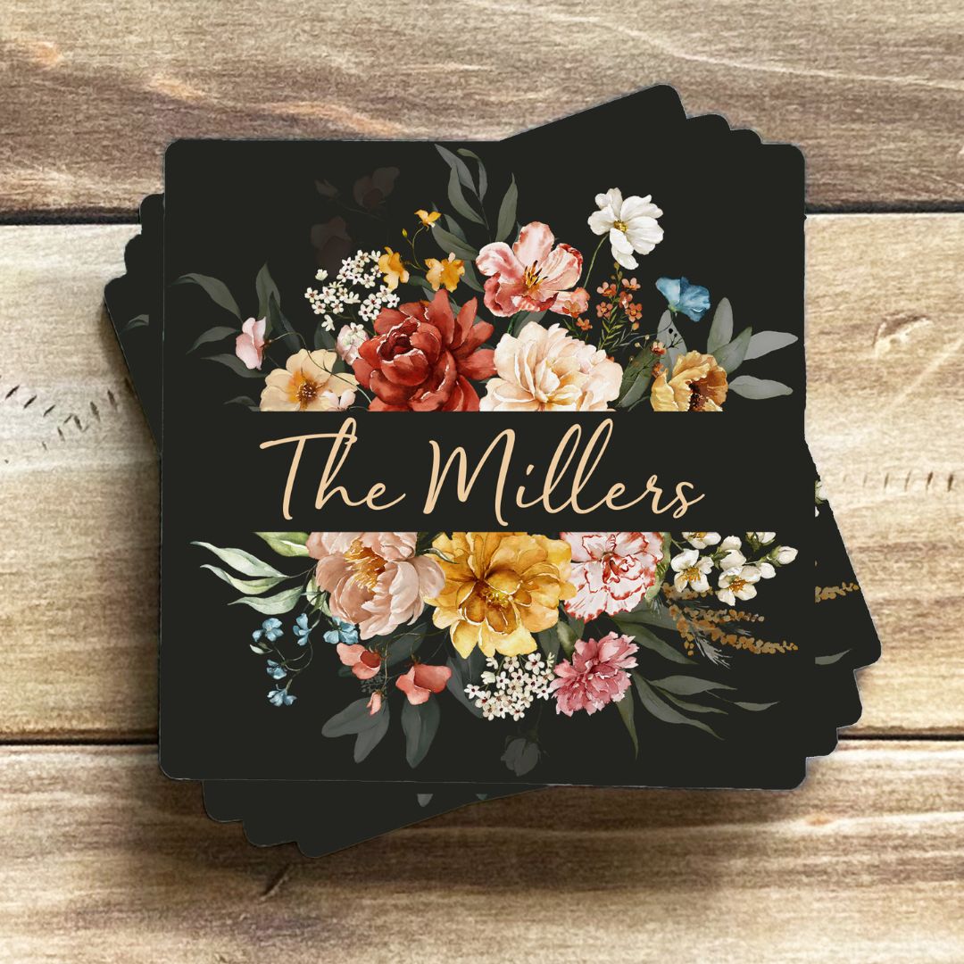 Black Floral Bouquet Custom Name Coasters