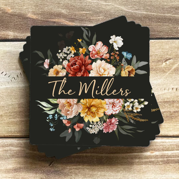 Black Floral Bouquet Custom Name Coasters