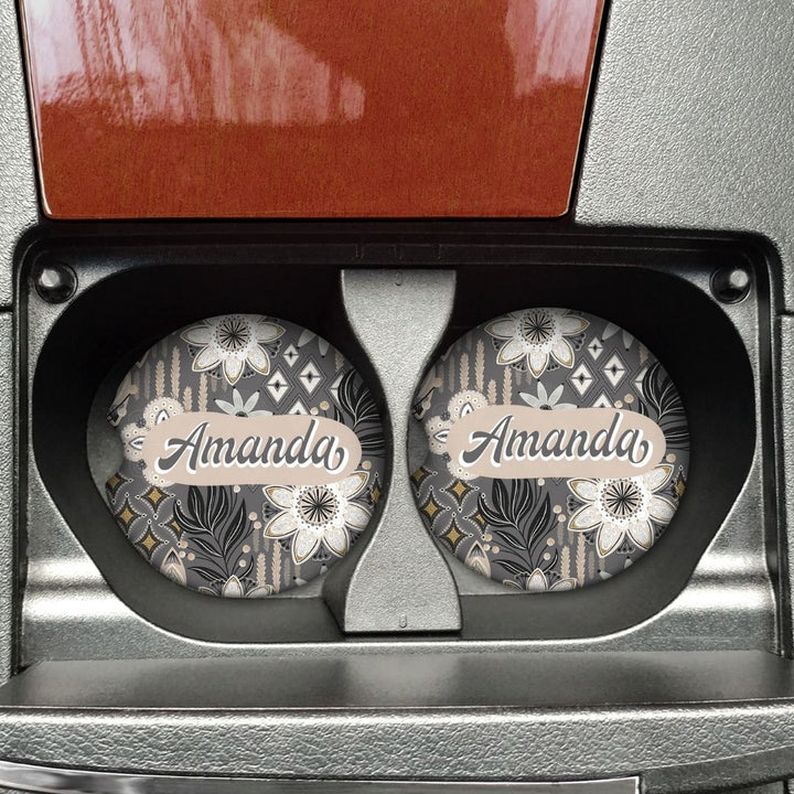 Boho Grey Flower Custom Name Car Coaster