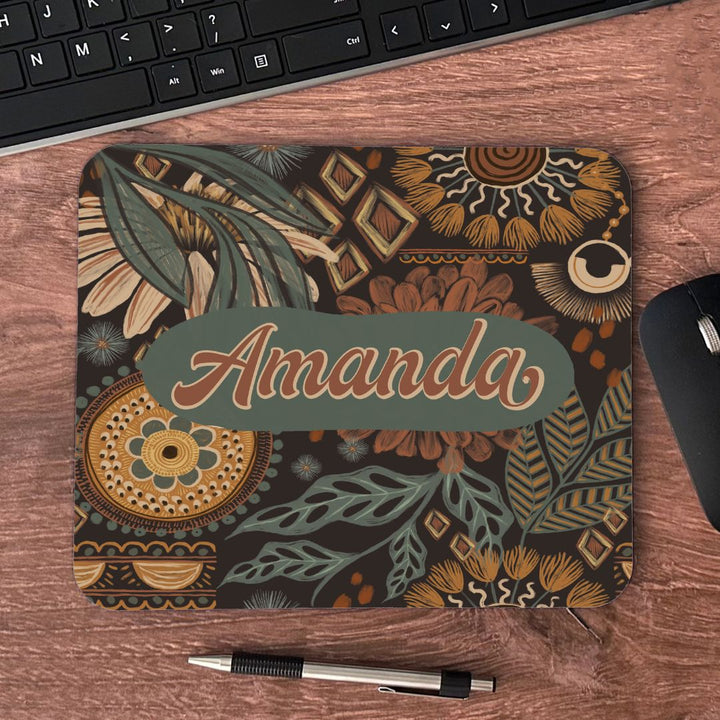Boho Black Background Custom Name Mousepad