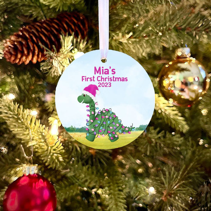 Dinosaur Girl First Christmas Personalized Ornament