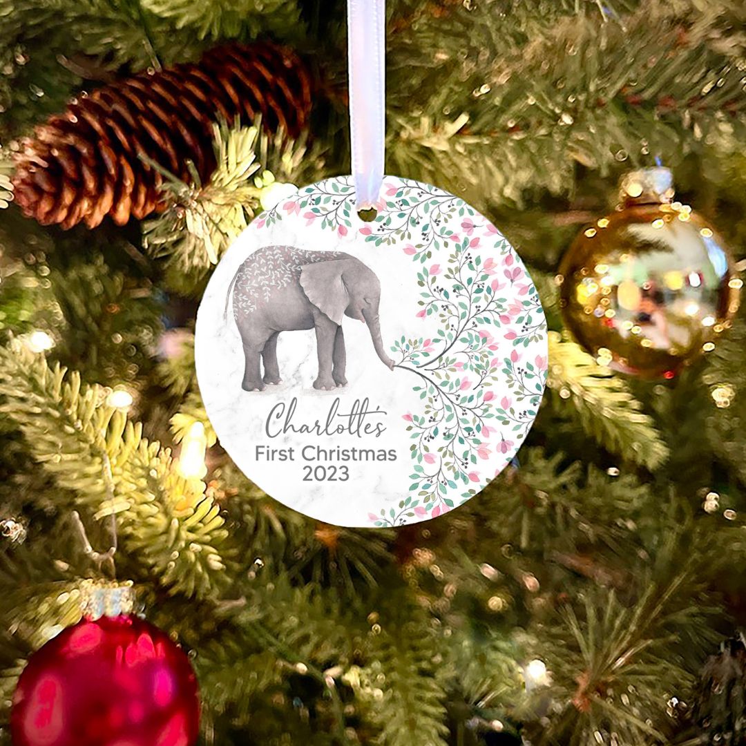 Elephant Pink Floral First Christmas Personalized Ornament