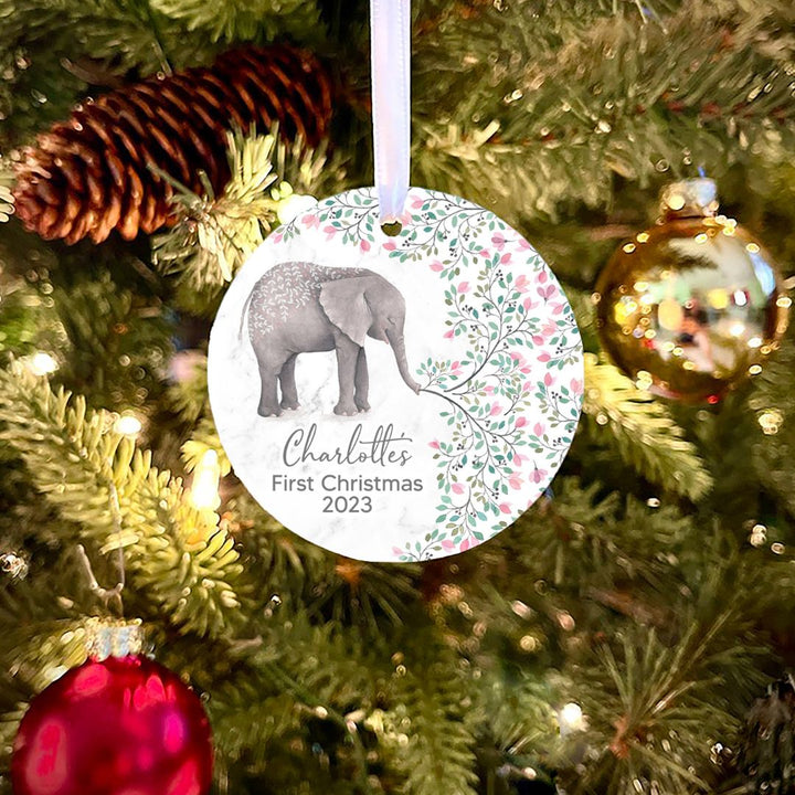 Elephant Pink Floral First Christmas Personalized Ornament