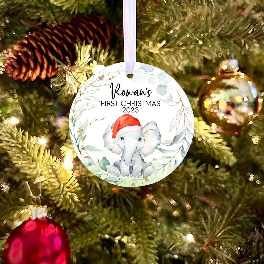 Elephant With Santa Hat First Christmas Personalized Ornament