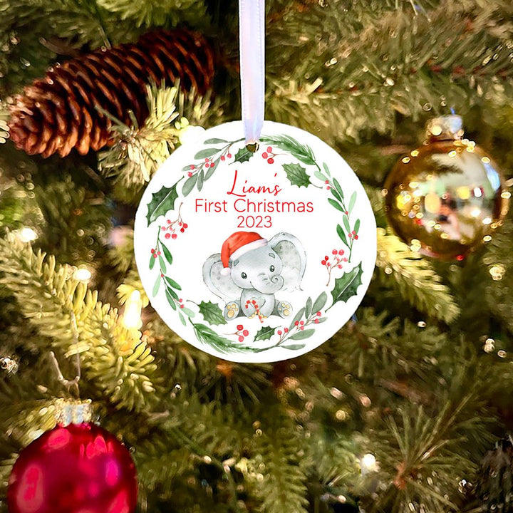 Elephant With Santa Hat And Holly First Christmas Personalized Ornament