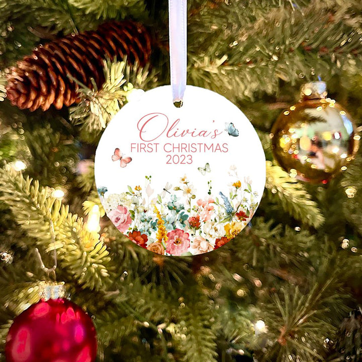 Flowers and Butterflies First Christmas Personalized Ornament