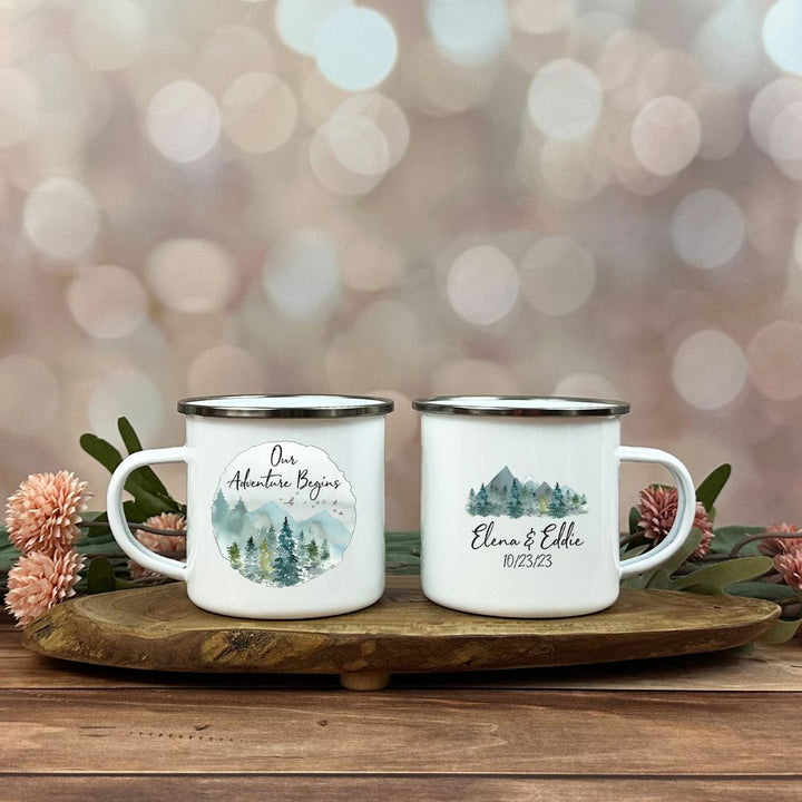 Our Adventure Begins Wedding Personalized Camp Mug
