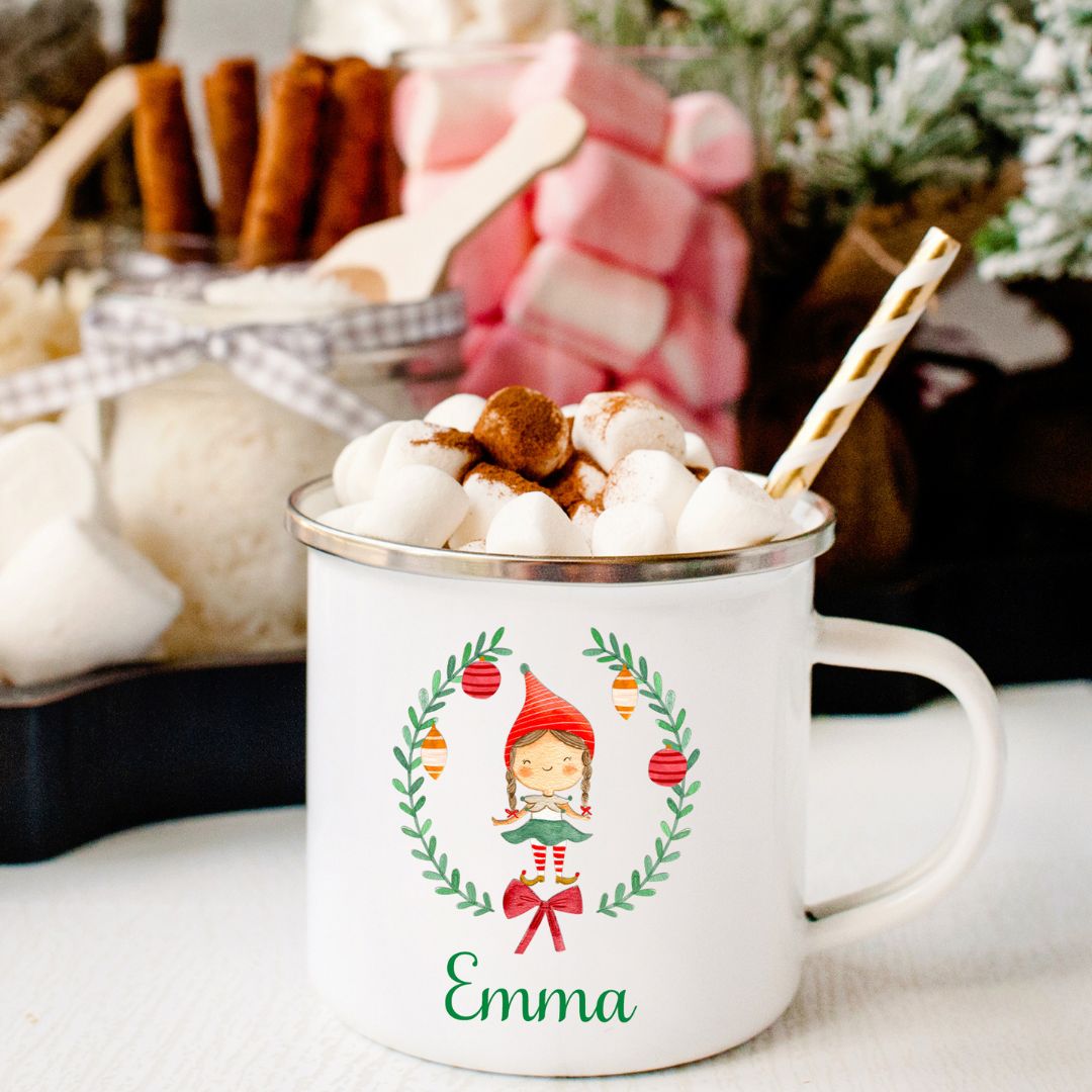 Girl Elf Wreath Personalized Camp Mug