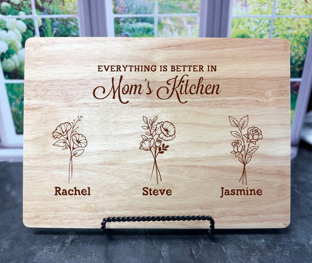 Custom Mom Kitchen Board with Children’s Names & Birth Flowers