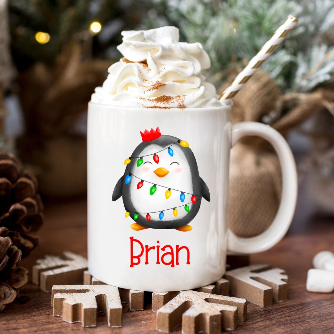 Christmas Lights Penguin Personalized Mug