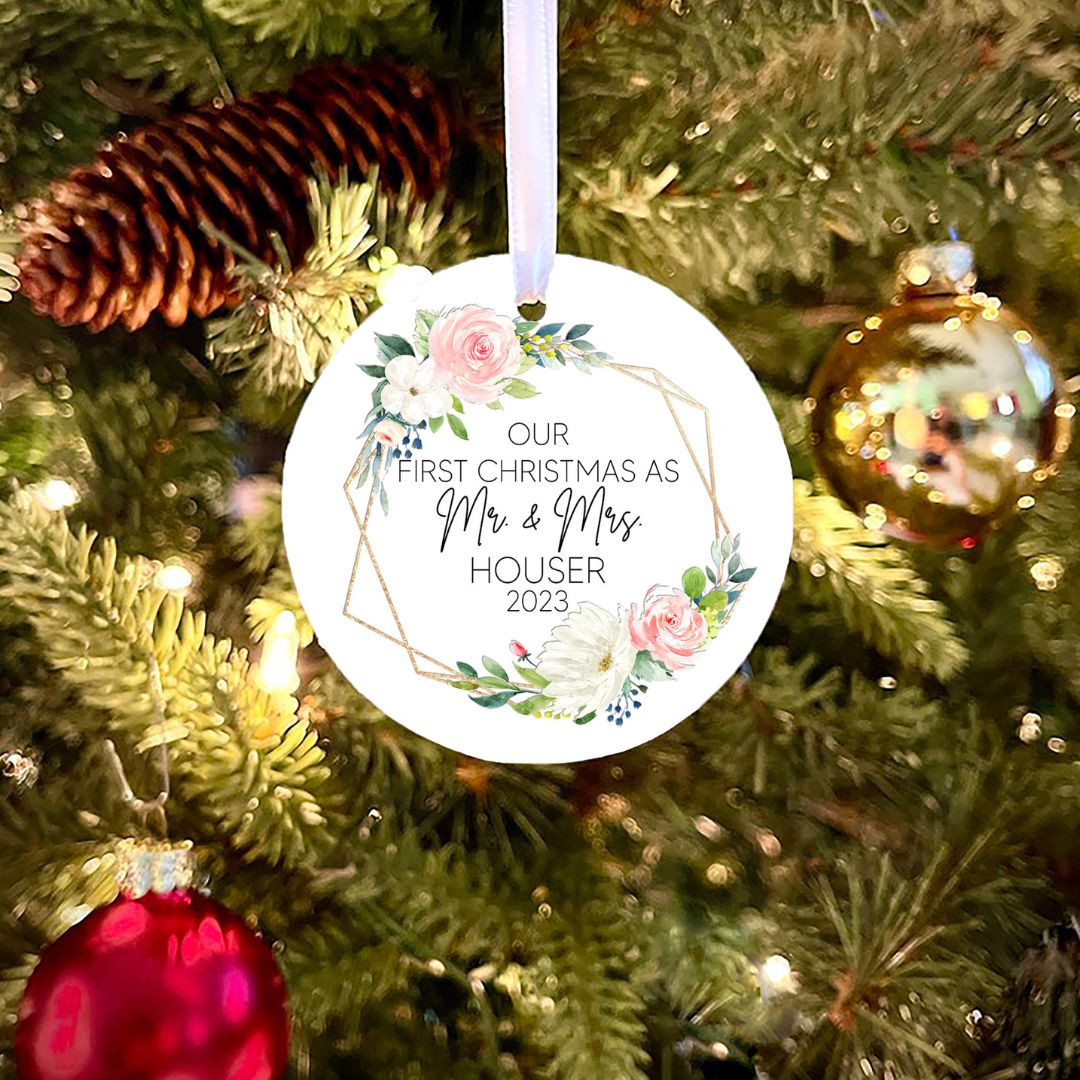 Pink Flower Frame Mr & Mrs Personalized Ornament