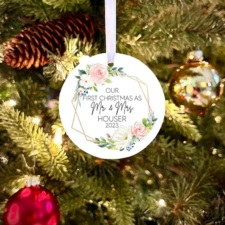 Pink Flower Frame Mr & Mrs Personalized Ornament
