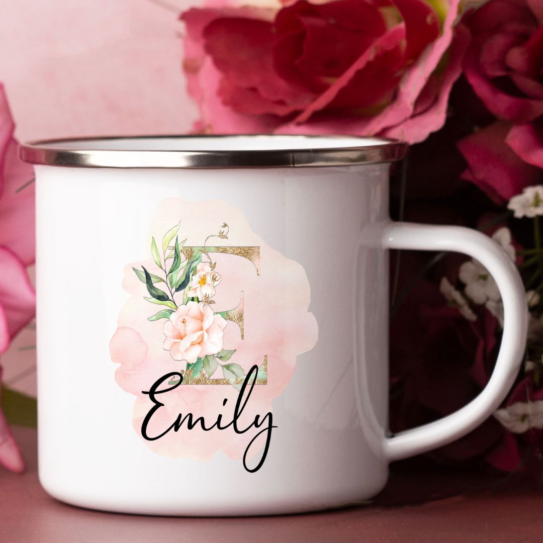 Pink Flower Initial Camp Mug