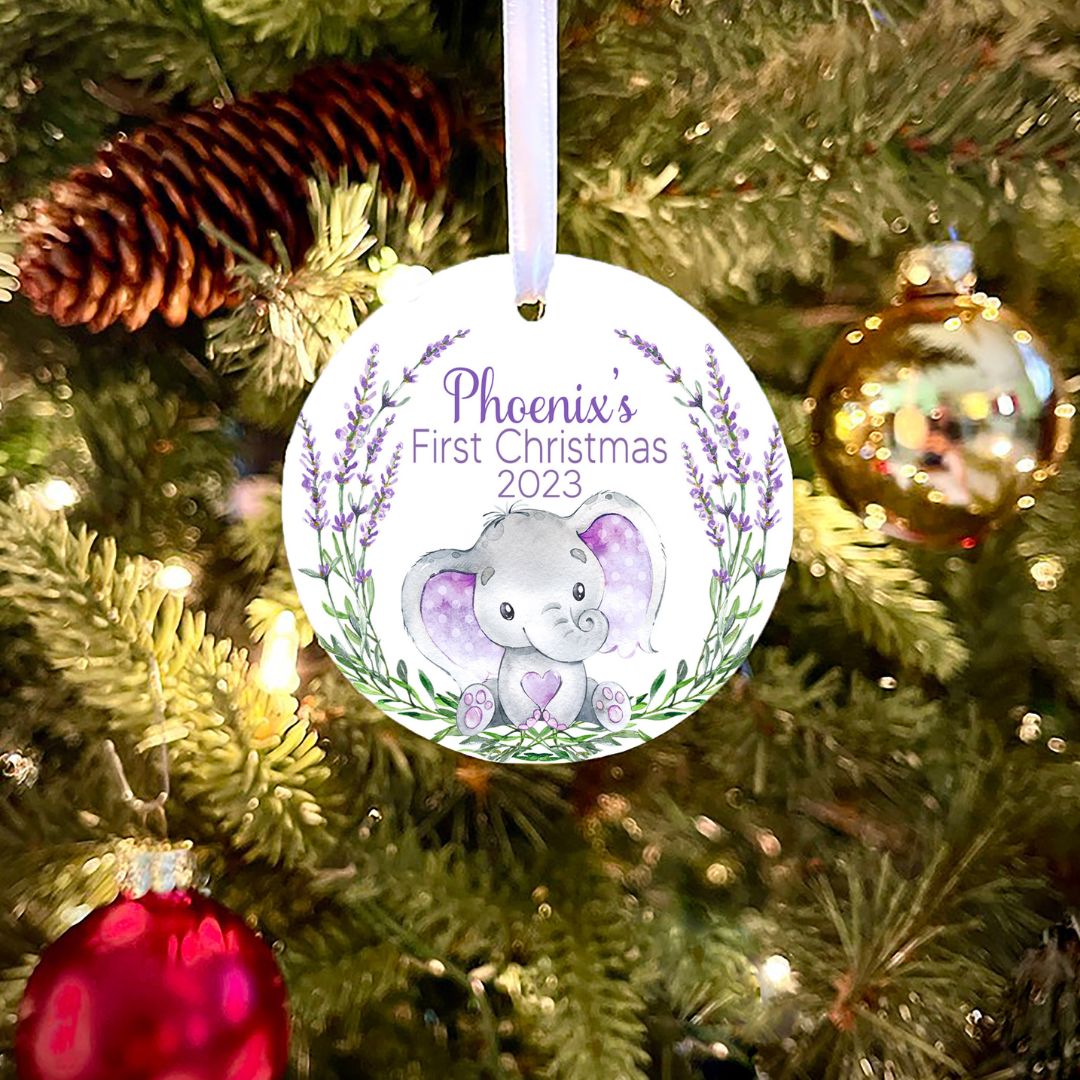 Purple Elephant First Christmas Personalized Ornament