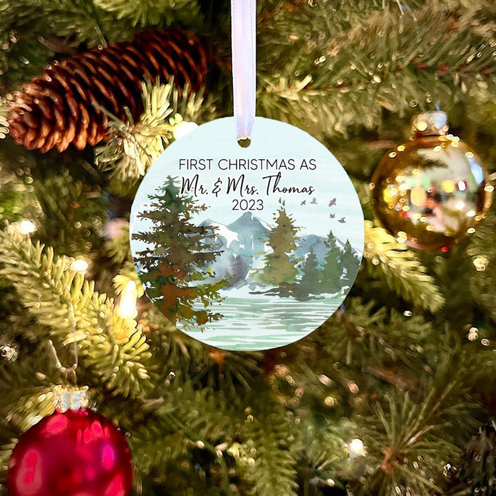 Rustic River Mountain View Mr & Mrs Personalized Ornament