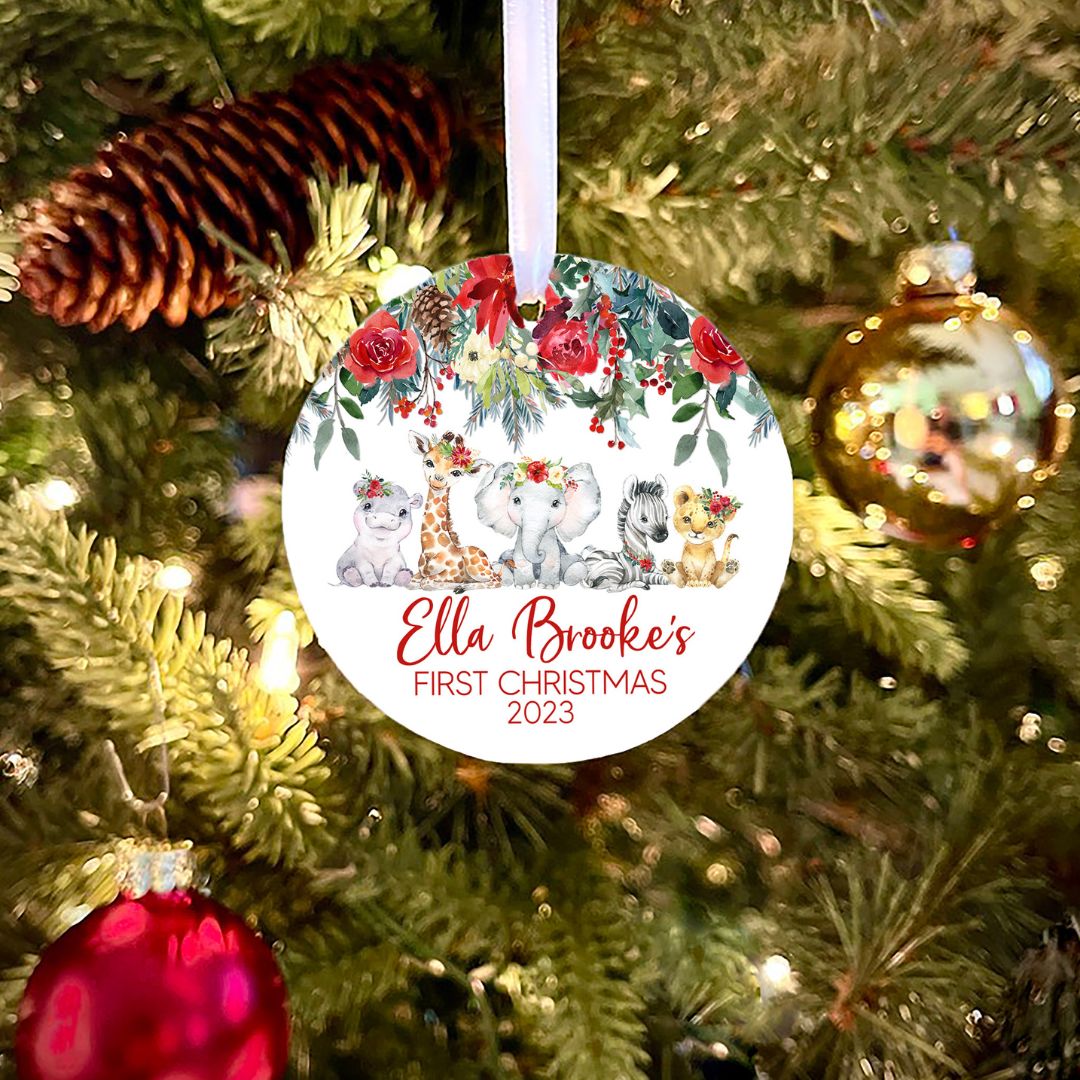 Safari Girls First Christmas Personalized Ornament