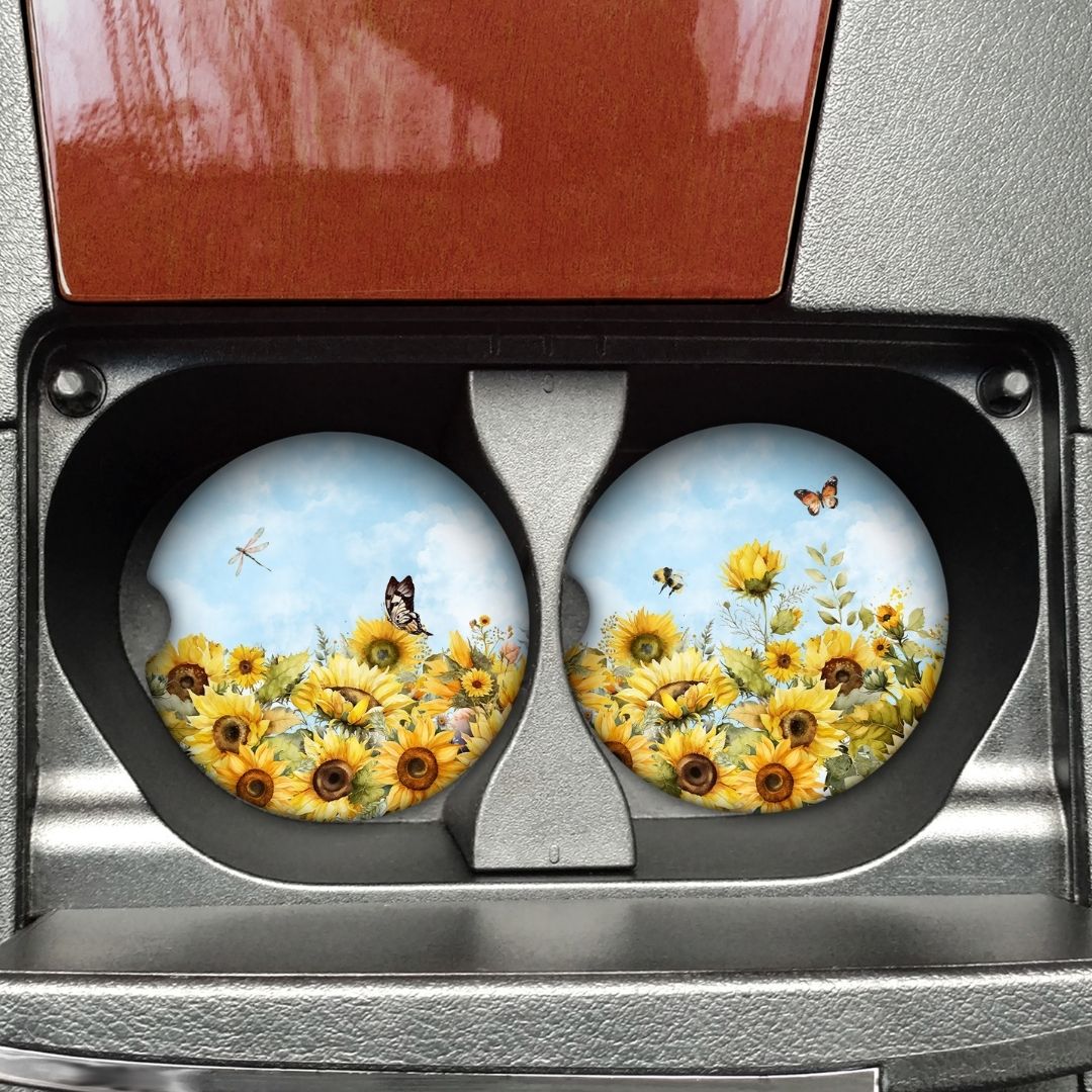 Sunflowers And Butterflies Car Coaster
