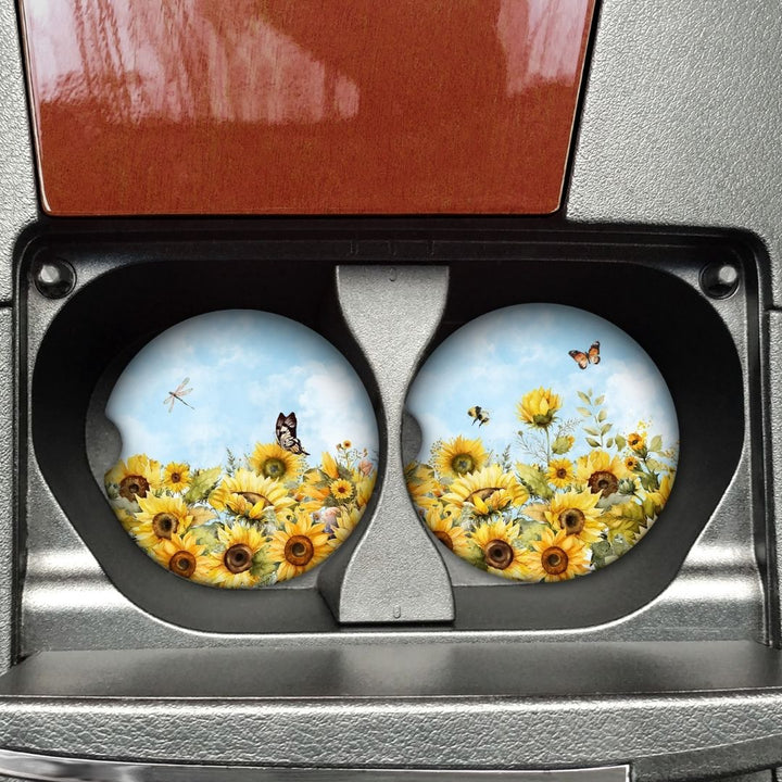 Sunflowers And Butterflies Car Coaster
