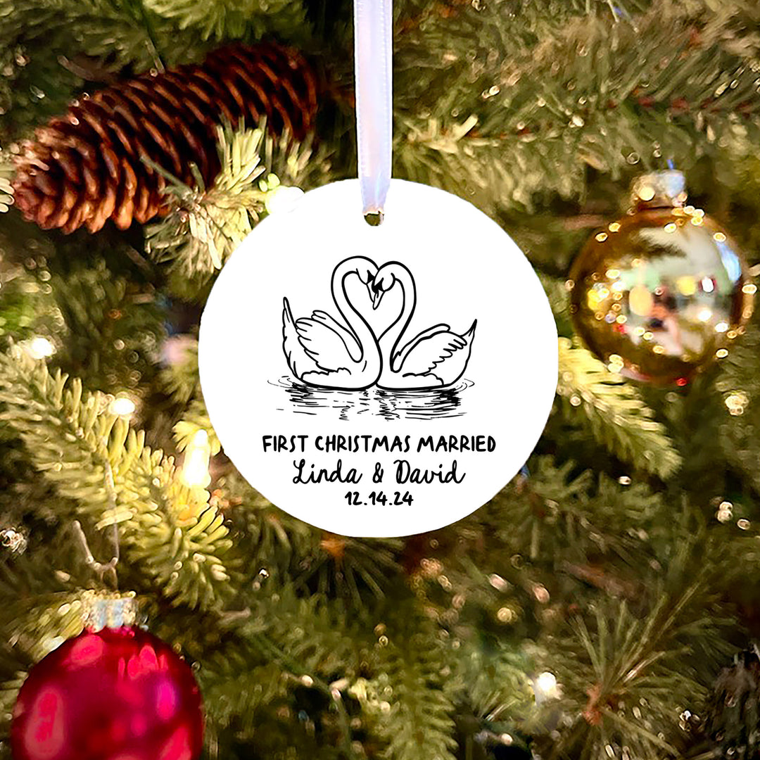 Whimsical Swans First Christmas Married Personalized Ornament