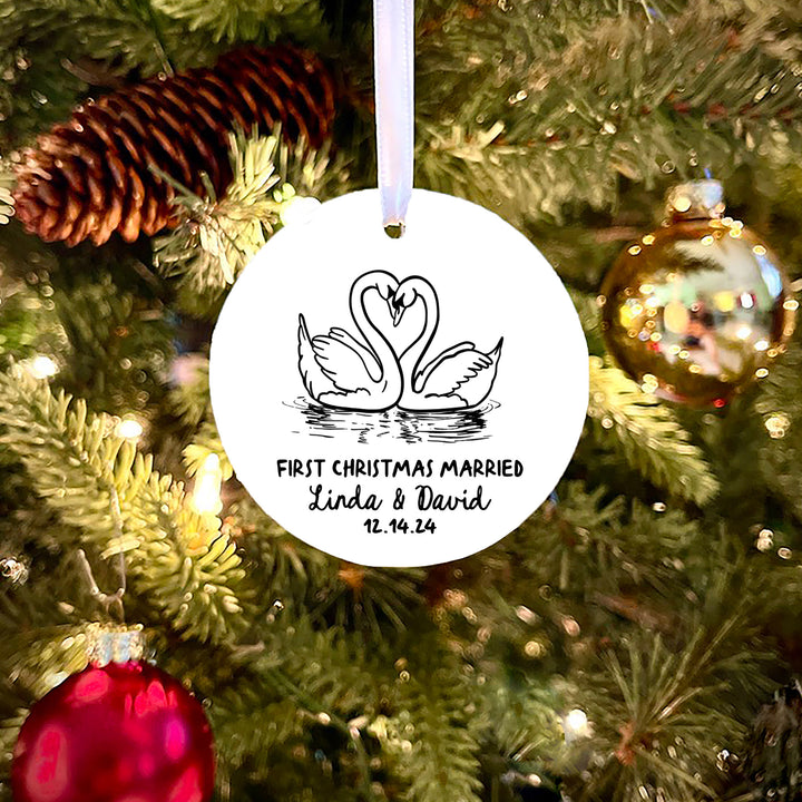 Whimsical Swans First Christmas Married Personalized Ornament