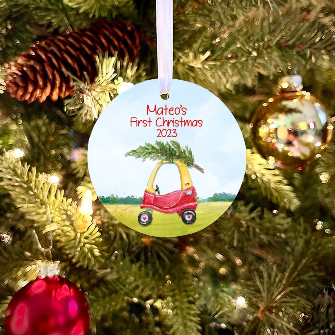 Toy Car With Tree Personalized First Christmas Ornament