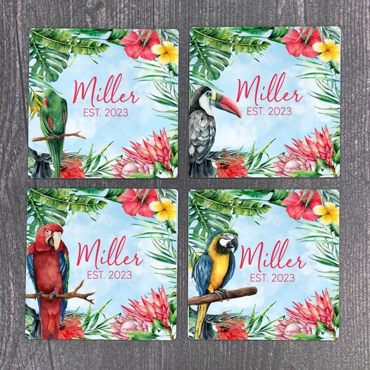 Tropical Birds Custom Name Coasters