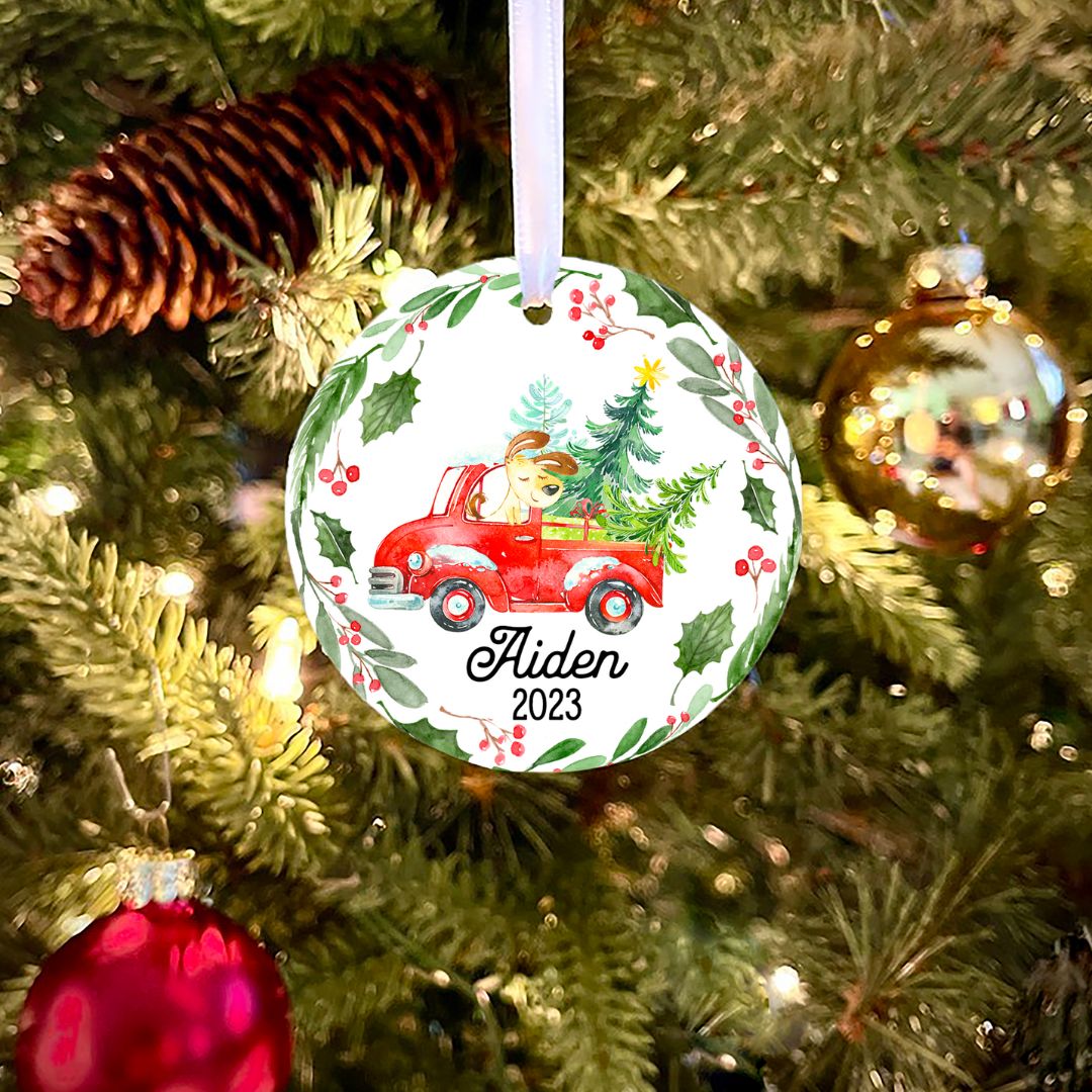 Dog Driving Truck With Tree Personalized Ornament