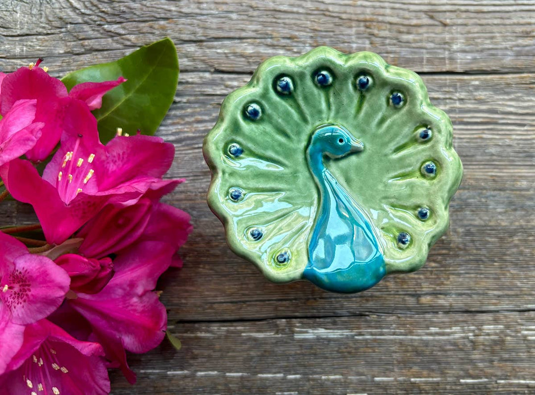 Ceramic Bird Dish: Colorful Peacock