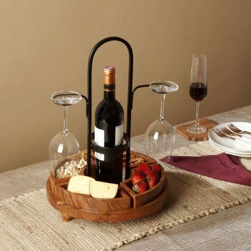Rustic Wood/Metal Wine Bottle & Glass Server