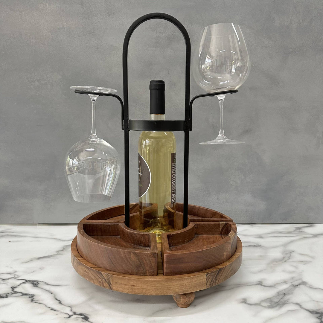 Rustic Wood/Metal Wine Bottle & Glass Server