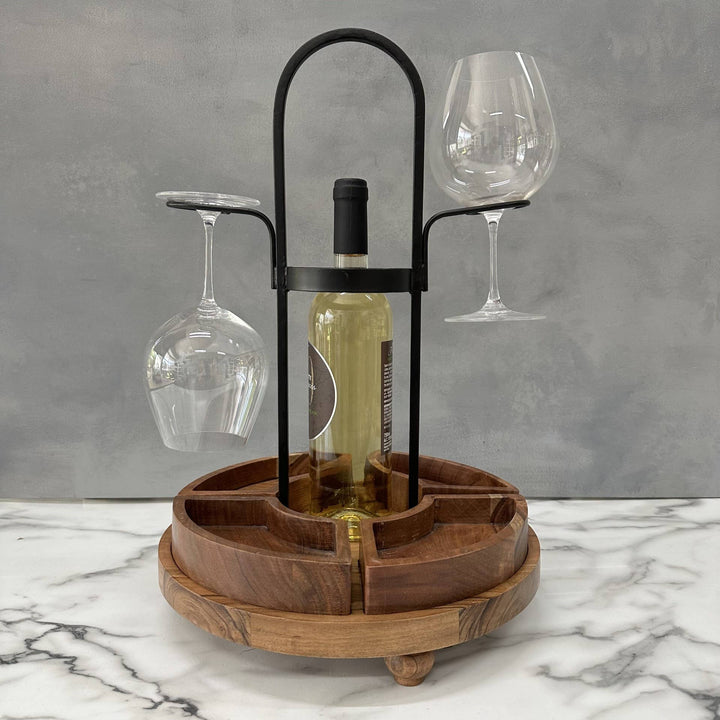 Rustic Wood/Metal Wine Bottle & Glass Server