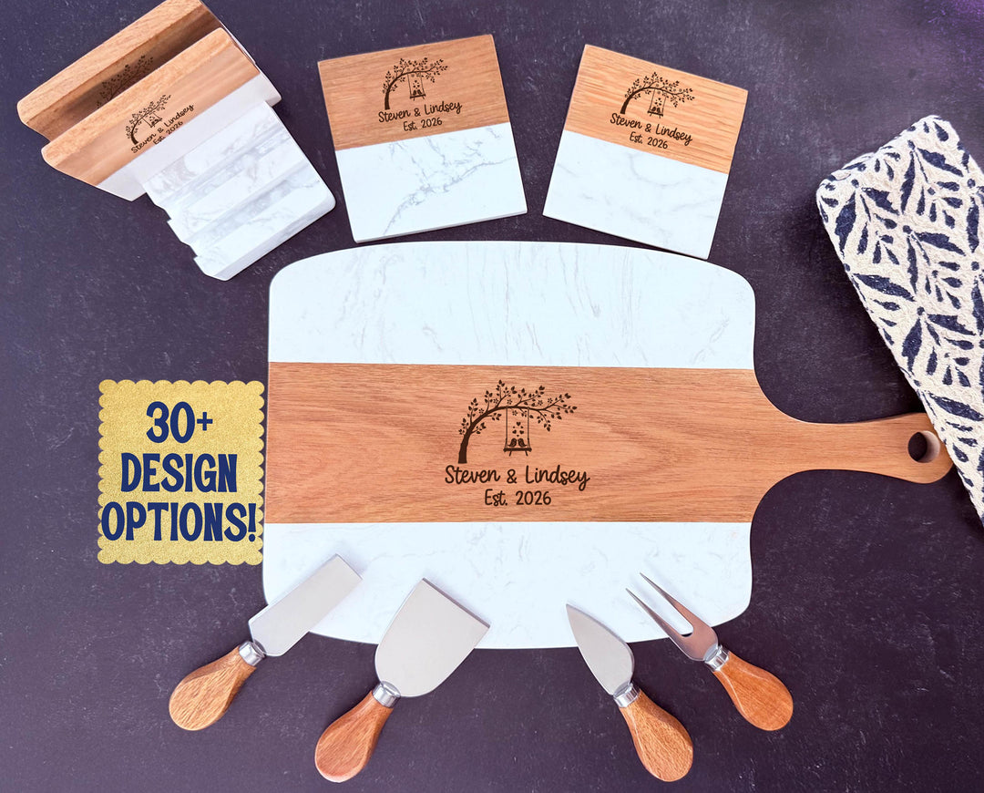 Lovebirds Marble & Acacia Serving Board Set