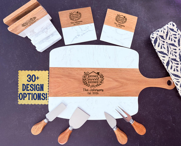 Home Sweet Home Floral Logo Marble & Acacia Serving Board Set