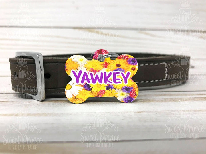 Pet ID Tag, Two-Sided Dog Tag, Personalized Pet tag, Bone ID Tag, Pet Gift, Personalized Gift, Identification Tag, Dog tag, flower dog tag