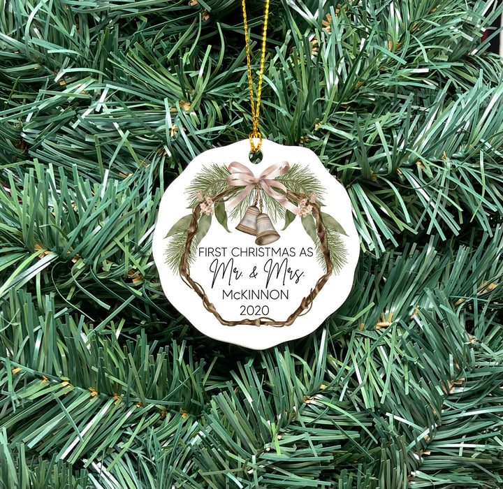 Our First as Mr and Mrs Christmas Ornament, Rustic First Christmas Married Ornament,  wedding gift ornament, first year married wedding bell