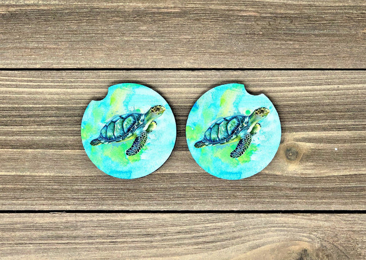 Sea Turtle car coaster SET, sea turtle gifts, sandstone car coaster, 2 pack car coaster,  rubber car coaster, cup holder coaster, seaturtle