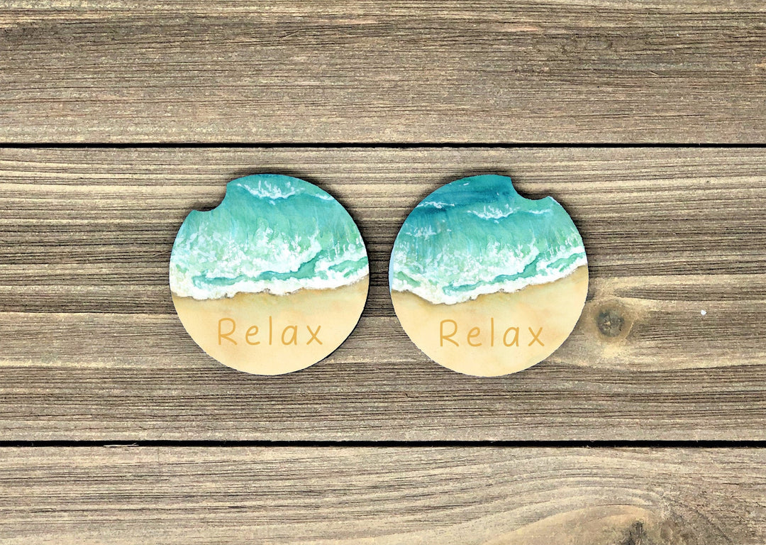 Beach car coaster SET, beach lover gifts, sandstone car coaster, 2 pack car coaster,  rubber car coaster, cup holder coaster, relax
