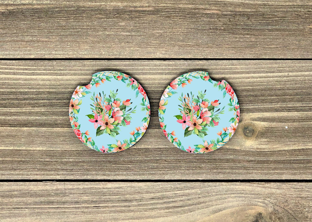 Tropical flowers car coaster SET, sandstone car coaster, 2 pack car coaster,  rubber car coaster, cup holder coaster, tropical car coaster