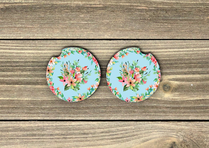 Tropical flowers car coaster SET, sandstone car coaster, 2 pack car coaster,  rubber car coaster, cup holder coaster, tropical car coaster