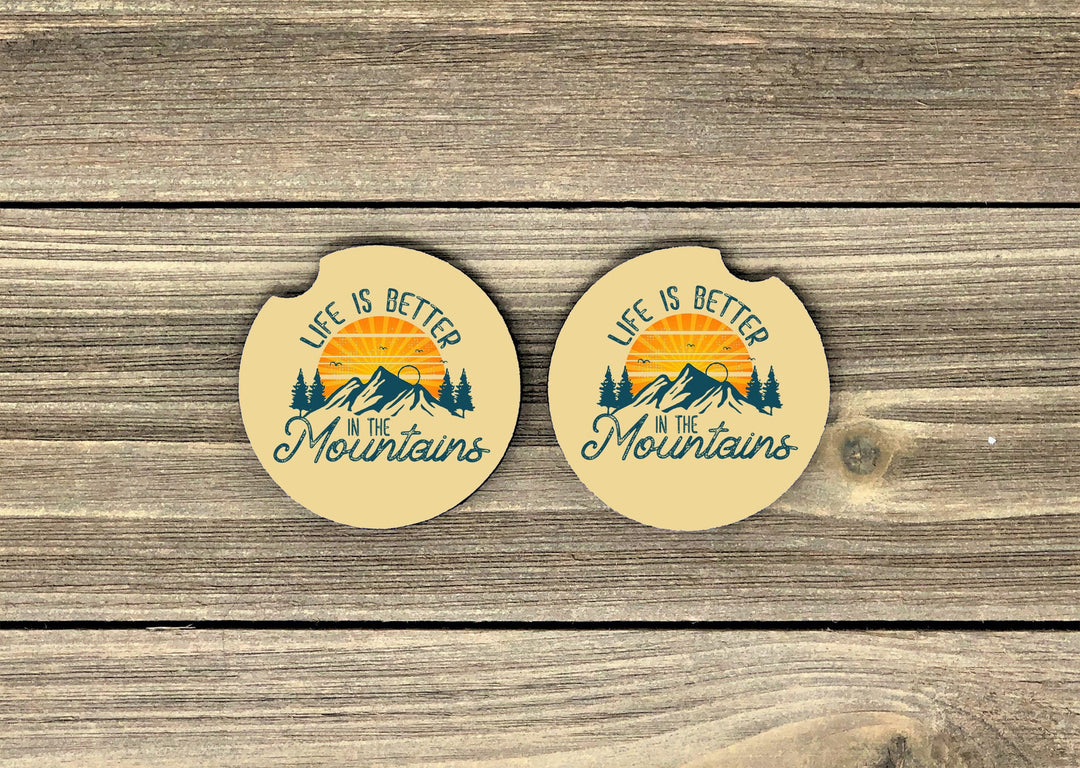 Mountain car coaster SET, sandstone car coaster, 2 pack car coaster,  rubber car coaster, cup holder coaster,life is better mountains coaste
