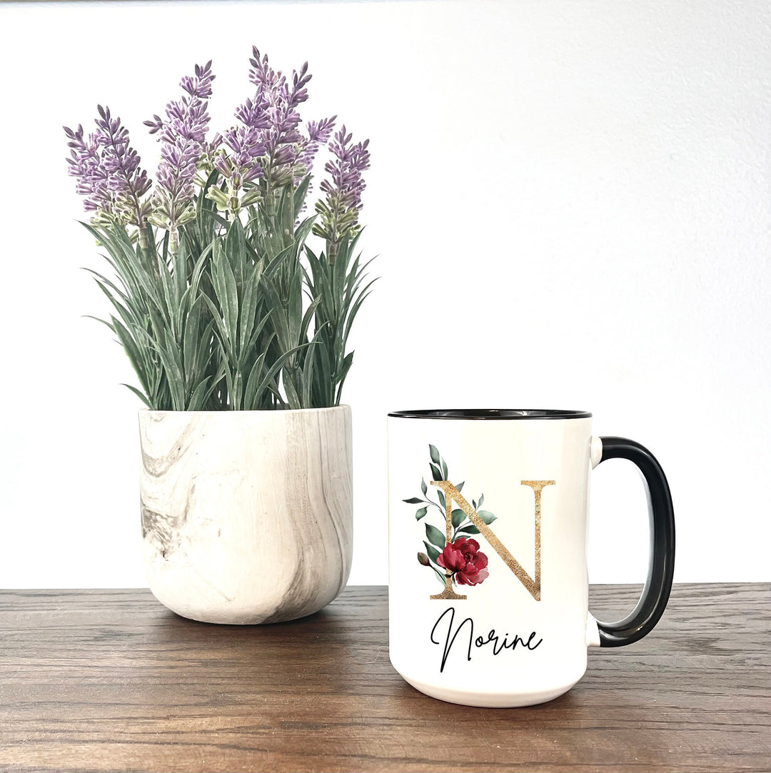 Personalized Initial Coffee Mug,  Personalized name coffee mug, floral coffee mug, rose coffee mug, custom coffee mug,  gold name coffee mug